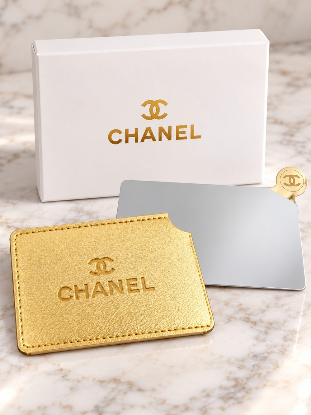 CHANEL Gold Embossed Card Holder with Pocket Mirror